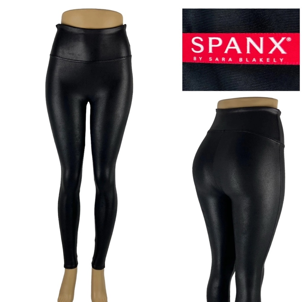 Spanx Faux Leather S Leggings Black Slimming Tummy Control High Rise 2437 EUC